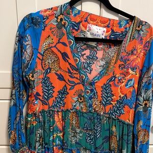 Lulalife size S Vibrant Blue and Orange Animal Print smock Blouse